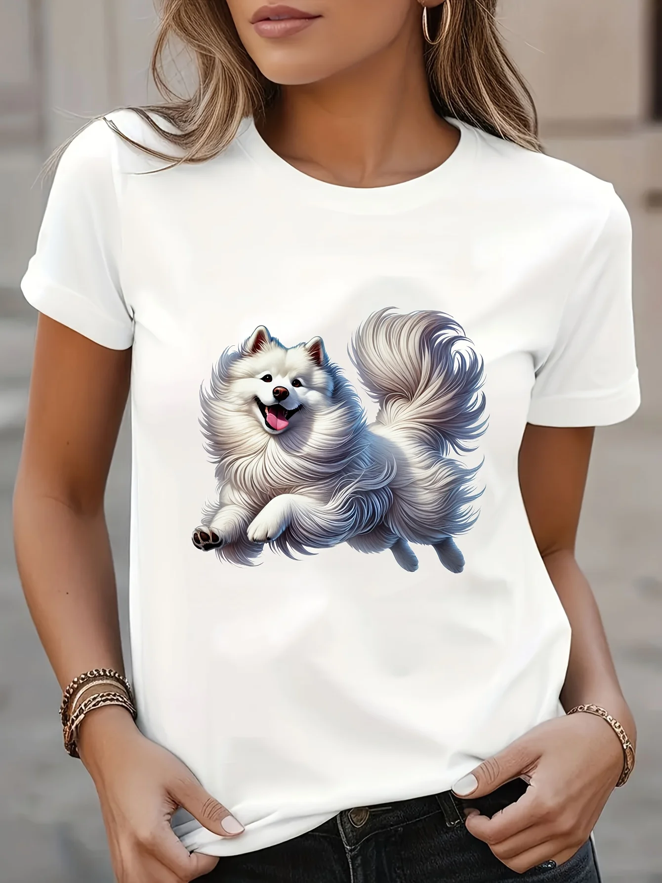 Women'S Casual Crew Neck T-Shirt with Samoyed Dog Print, Short Sleeve, Regular Fit, All-Season Pullover Top, Dog T Shirts