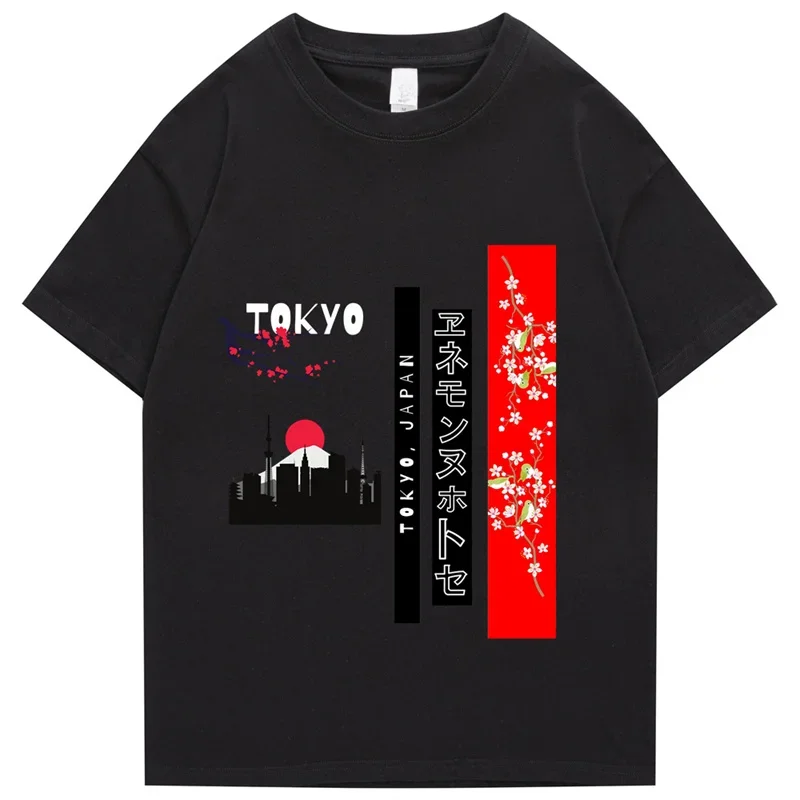 Vintage Tokyo Cherry Japanese T-Shirt Men Round Neck 100% Cotton T Shirts Women Short Sleeve Tees Unique Clothes Plus Szie Tops