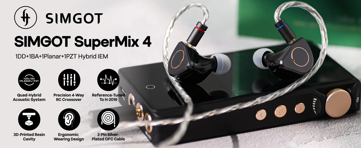 SIMGOT SuperMix 4 1 DD+1 BA+1 Planar +1 PZT Hybrid-Treiber HiFi-Kopfhörer Kabelgebundene Ohrhörer mit hochwertigem Kabel – Detail 1