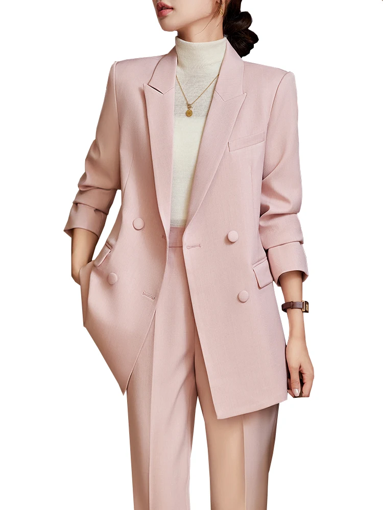 Fashion Ladies Pant Suit Women Pink Apricot Black Female Casual Jacket Blazer and Trouser 2 Piece Set