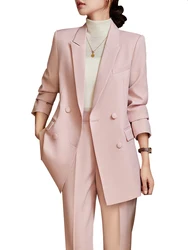 Fashion Ladies Pant Suit Women Pink Apricot Black Female Casual Jacket Blazer and Trouser 2 Piece Set