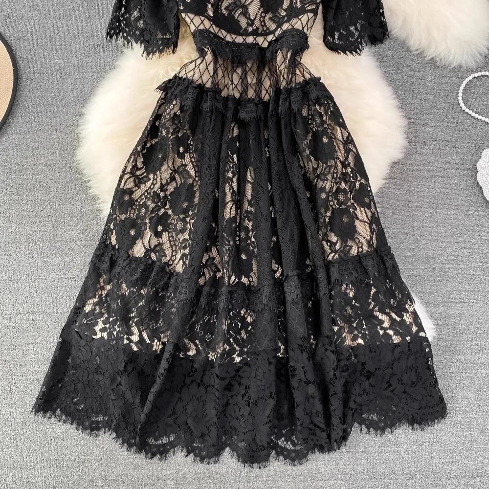 Neploe Moda Temperament O Neck Half Sleeve Lace Dress Hollow Out Crochet Slim Waist Robe Patchwork Big Swing French Style Mujer