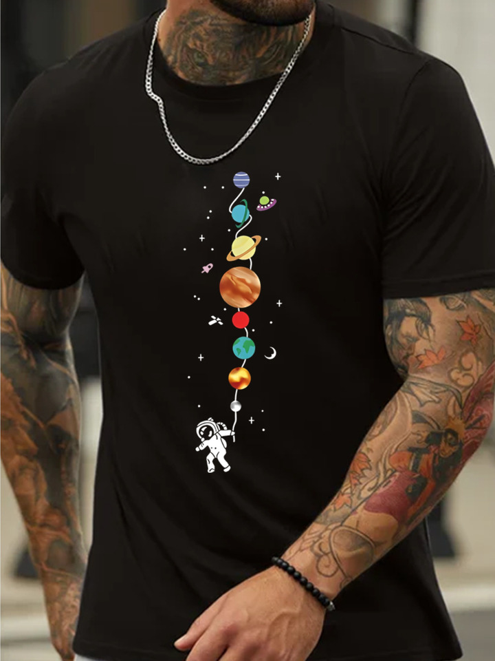 Men's summer 100% pure cotton casual loose cartoon astronaut and planet pattern printed round neck short sleeved T-shirt top
