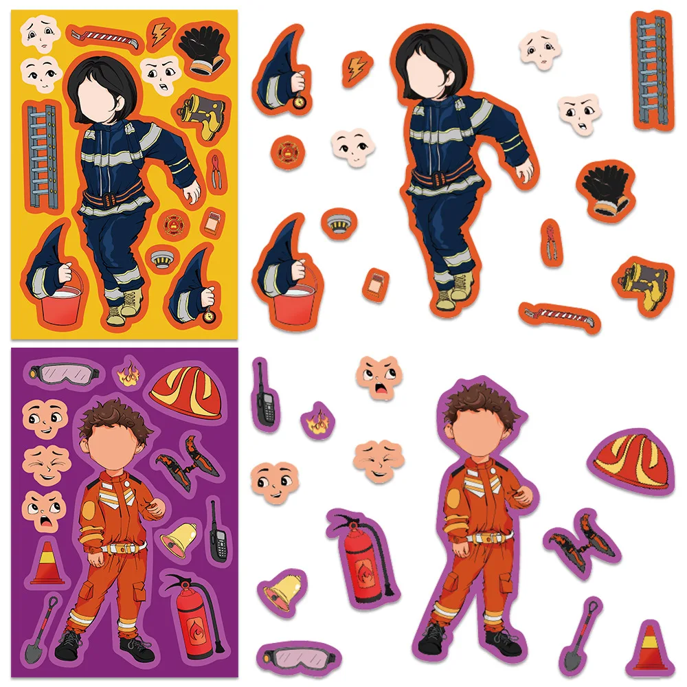 8/16Sheets Cartoon Firefighter Make a Face Puzzle Stickers Kids Toy Jigsaw Assemble Funny Decals DIY Game Party Gifts Decoration