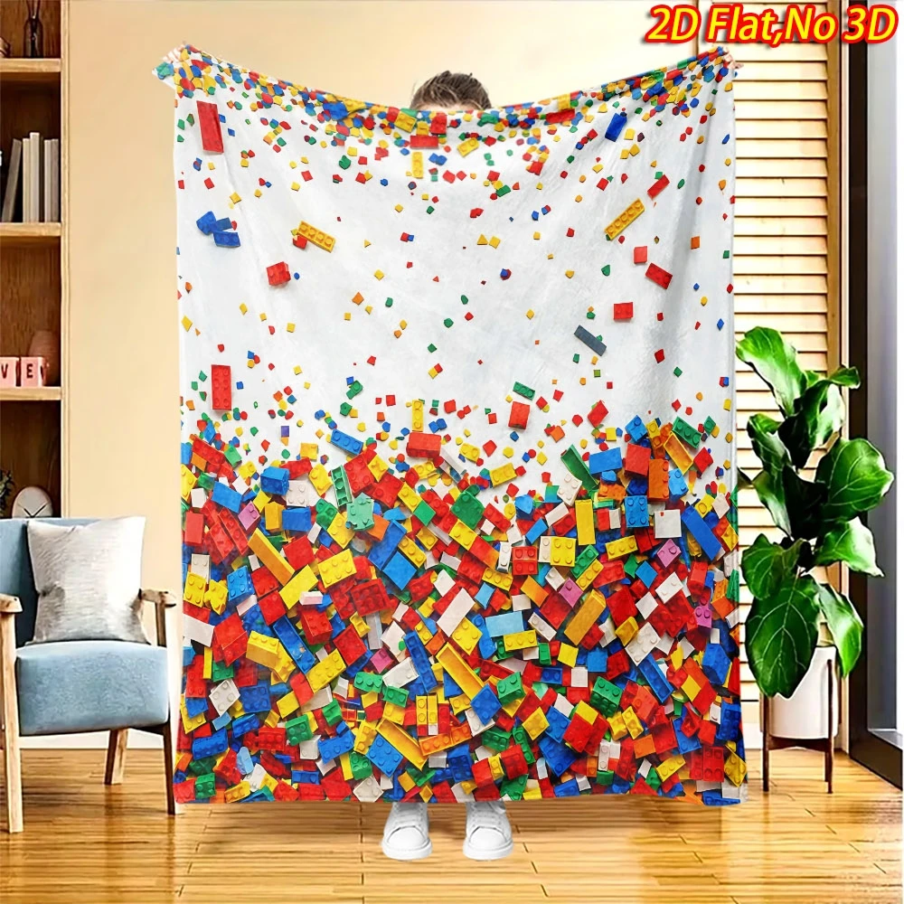 Colorful Building Block Brick Falling White Base Flannel Throw Blanket Soft Warm Cover For Sofa Bedroom Kids Game Toy Decor Gift