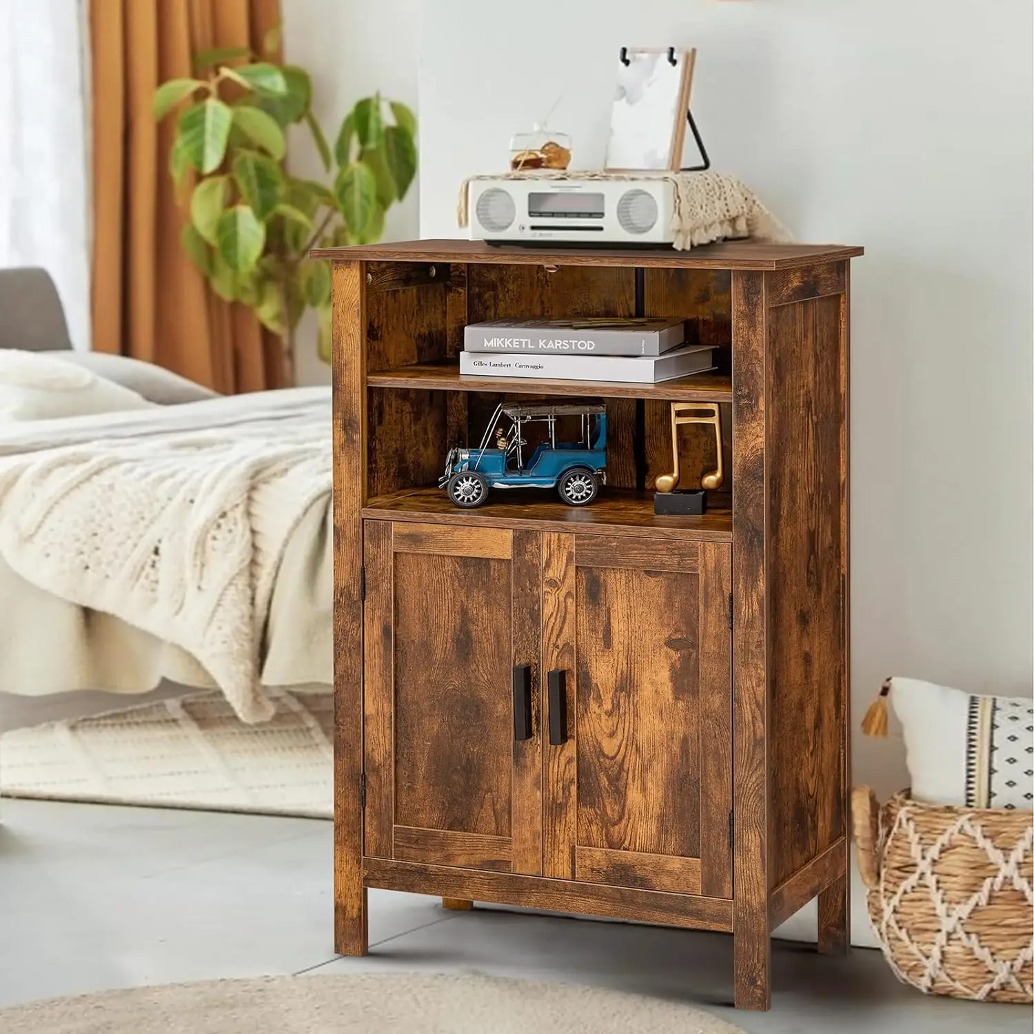 Armoire de rangement avec 2 portes et étagères ouvertes, armoire de rangement rétro au sol avec étagères réglables, armoire de rangement au sol