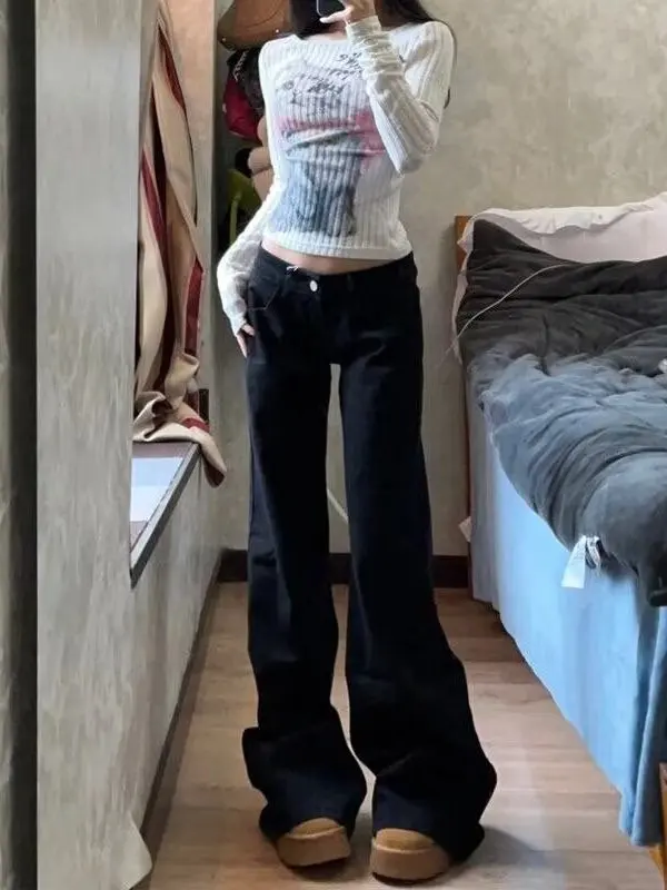 

Low-Waist Bell Bot Bla Denim Jeans for Women Spring Autumn Loose Slimming Wide Leg Straight Long Pants Hot Girl