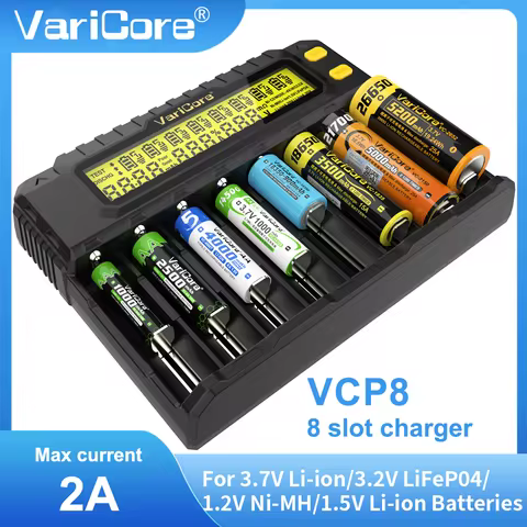 VariCore VCP8 VCP4 Smart Battery Charger for 18650/21700/26650 Li-ion 3.7V LiFePO4 3.2V NiMH 1.2V AA AAA Universal TEST protect