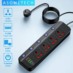 Pasek zasilający z filtrem sieciowym 2500 W z 4 uniwersalnymi gniazdami z wieloma portami USB i 5 przełącznikami, przedłużacz gniazda wtykowego UE, USA, Wielkiej Brytanii dla domu