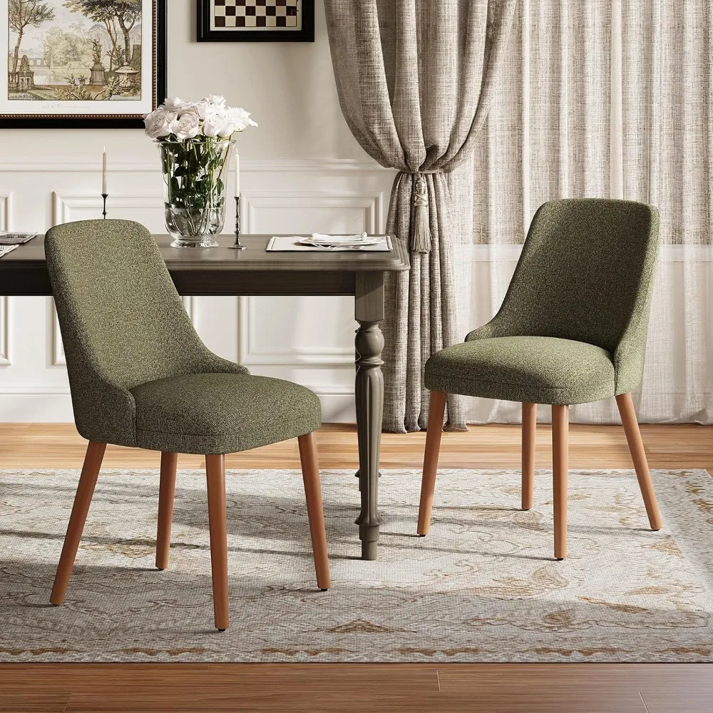 Upholstered High-Back Dining Chairs Set of 2, Wood Legs, Padded for Dining Room/Restaurant/Cafe, Green