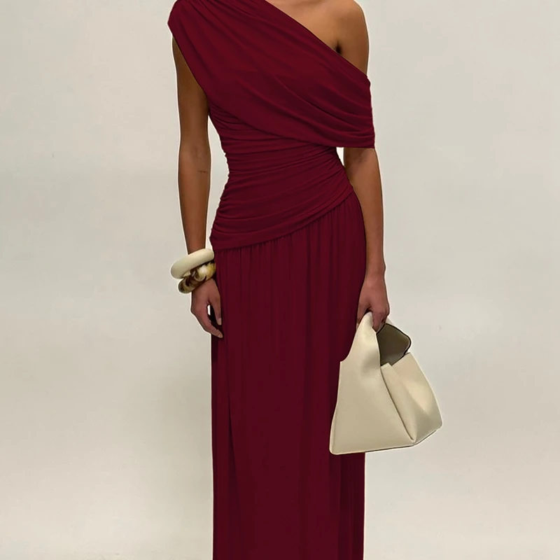 Hugcitar One Shoulder Ruched Sleeveless Solid Pleated Sexy Irregular Y2K Maxi Dress Summer Elegant Party Women Clothes Vacation