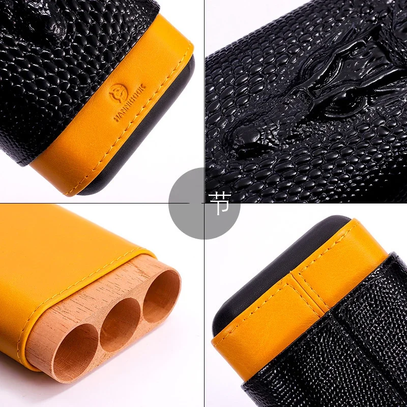 High Quality Dragon Pattern Travel Cigar Case Leather Portable Black Humidor Cigar Holder Carrying 3 Tubes Cigar Accessories