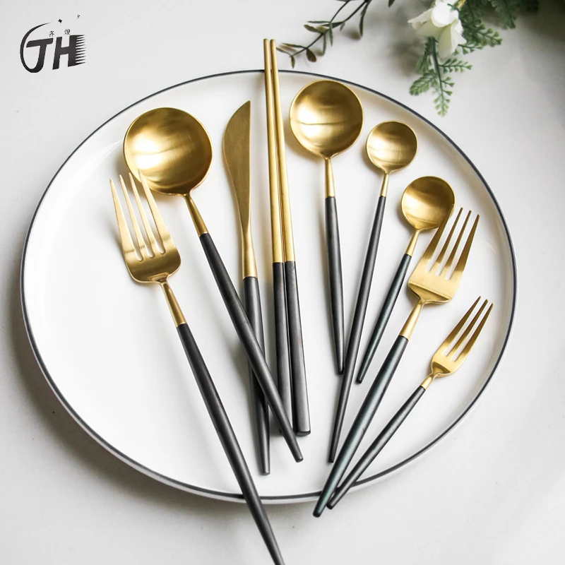 New stainless steel black gold dinner fork cutter stainless steel cutlery set kitchen chopsticks series stainless steel spoon