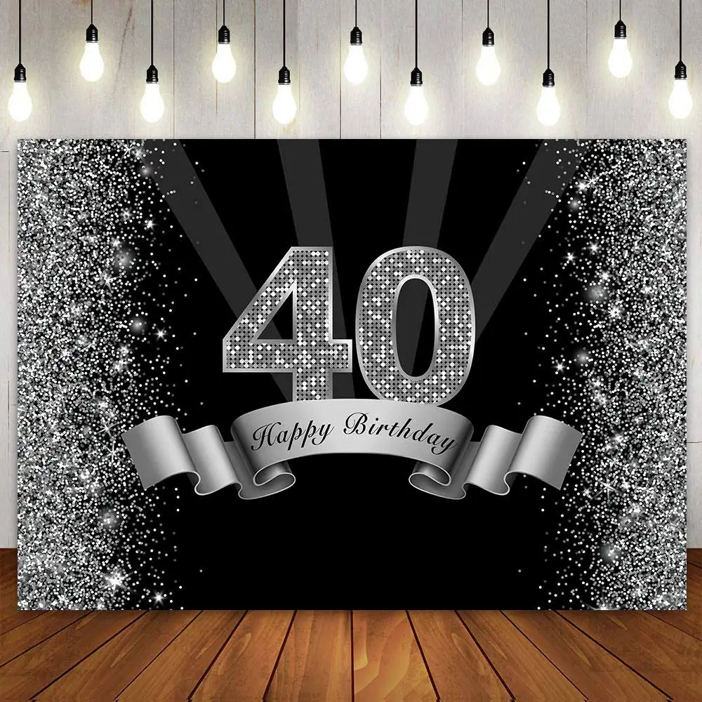 

Happy 40th Birthday Party Decoration Backdrop Photography Background for Men Women Silver Photo Booth 40 Years Old Banner Poster