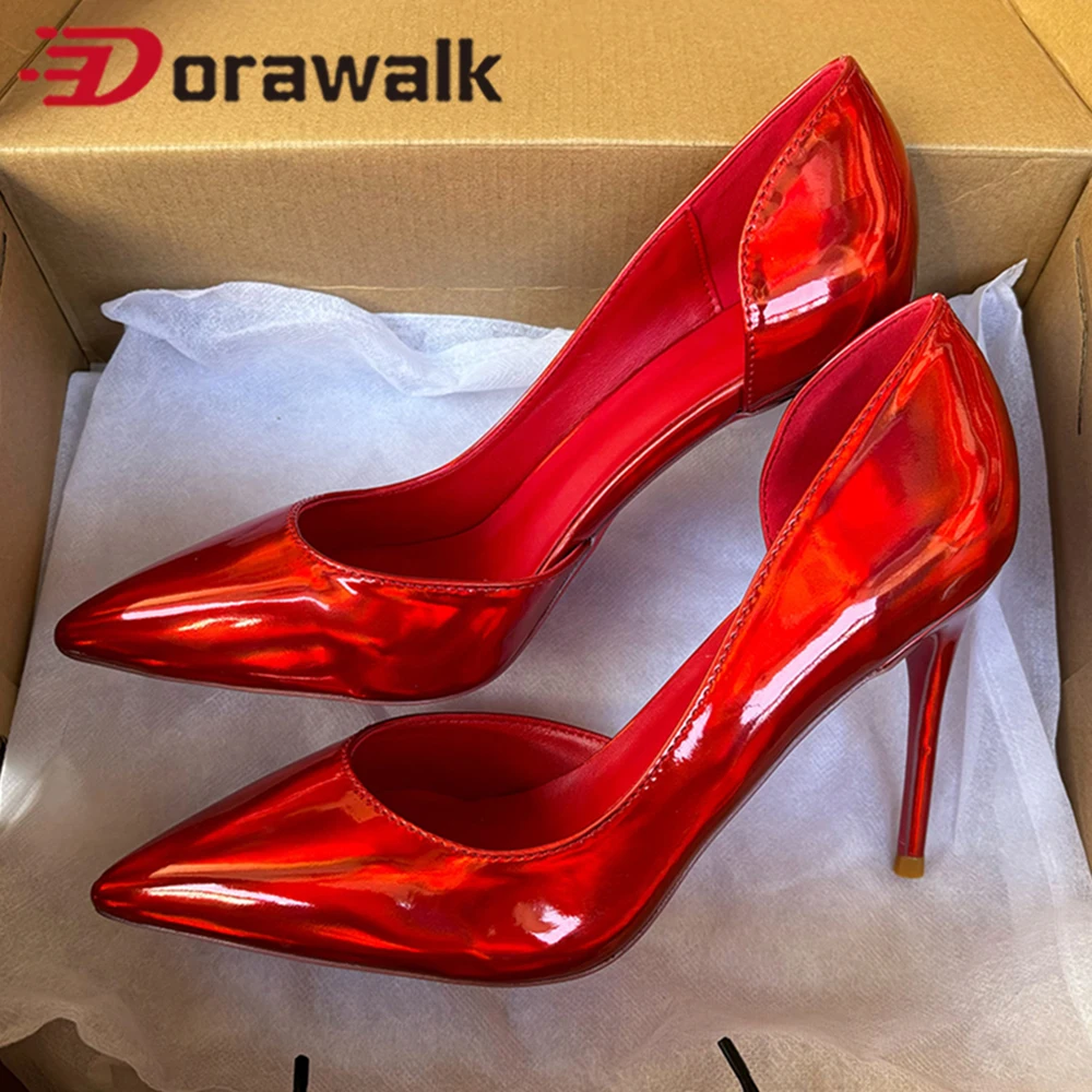 

Woman High Heels Luxury Laser Red Glossy Patent 12cm Pointed Toe Stilettos Side Cut Party Elegant Wedding Ladies Dress Shoes