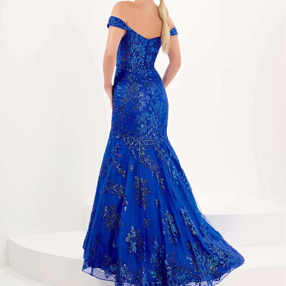 Zeemeermin Glitter Tule Prom Jurk Voor Party Off-Shoulder Mouwloze V-Hals Pailletten Appliques Vloerlengte Sweep Trein