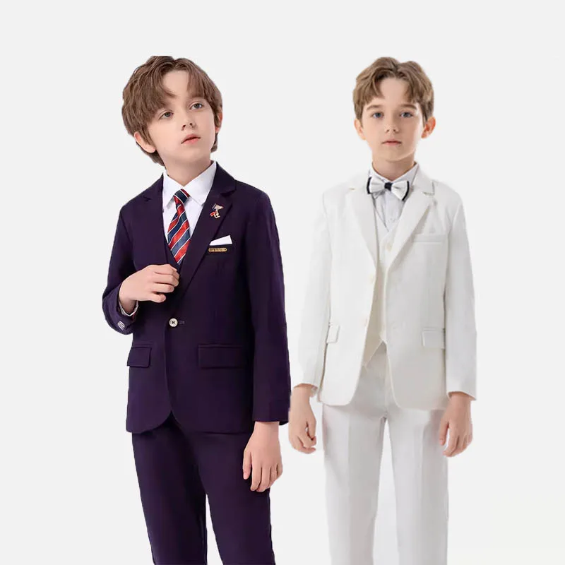 4Pieces Boys Purple Jacket Vest Pants Bowtie Photograph Suit Kids Easter Church Ceremony Dress Children Birthday Party Costume