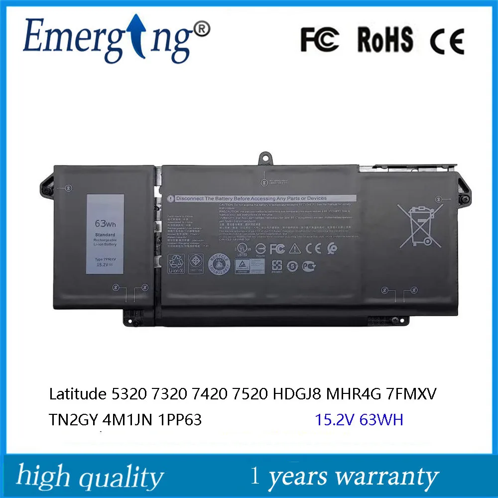 

15.2V 63Wh New 7FMXV Laptop Battery For DELL Latitude 13 5320 2-in-1 14 7420 7520 4M1JN 9JM71 HDGJ8 TN2GY 0TN2GY MHR4G 1PP63