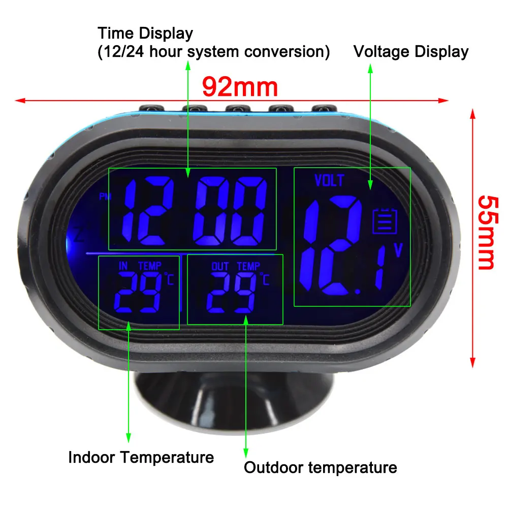 12V Blue Green Backlight 3in1 Car Voltmeter Thermometer LCD Digital Noctilucous Clock Interior Accessories Temp Gauge