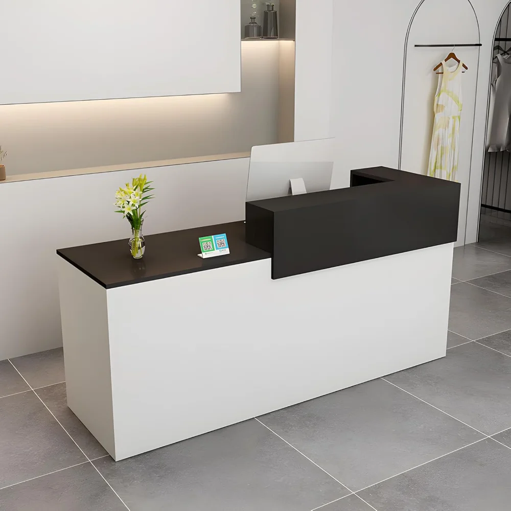 

Modern Reception Desk with Drawer & Open Shelves, 39-95 Inch Front Counter Table, Computer Workstation Suitable for Salons