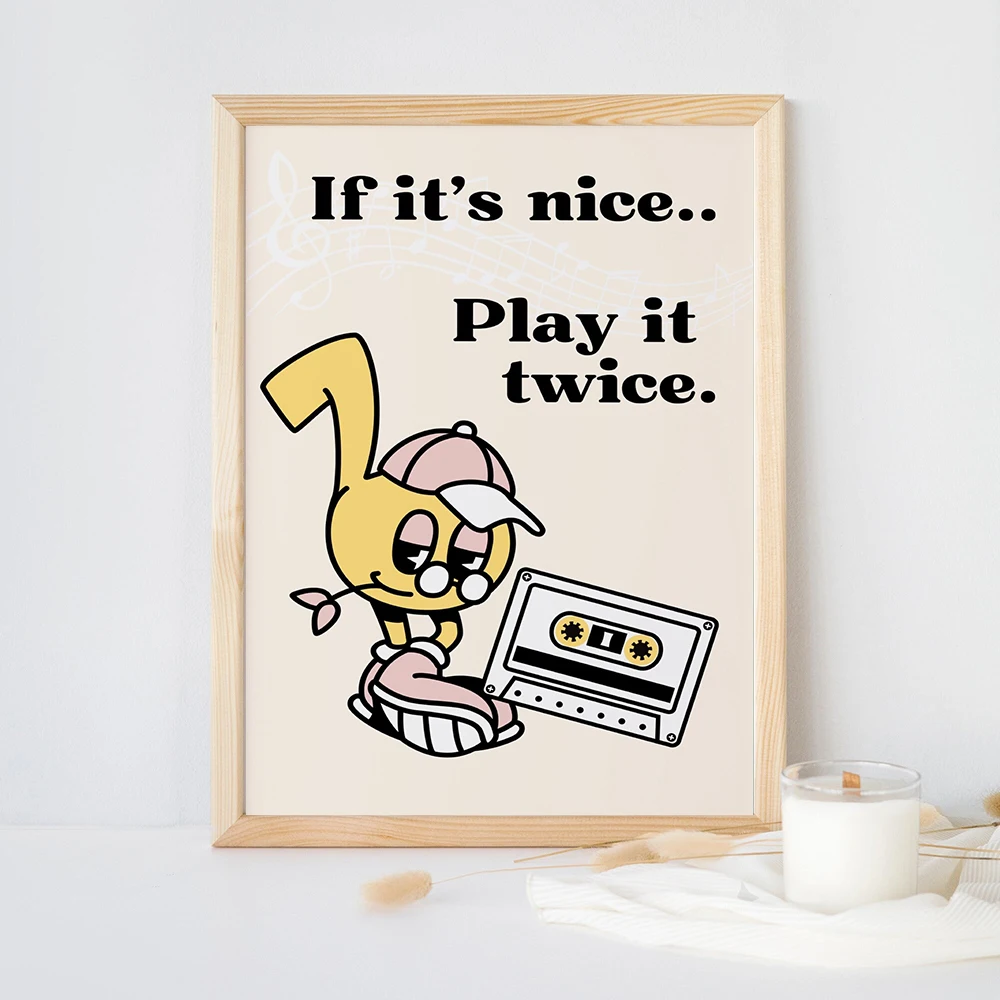 Retro Music Wall Art Quote Poster Print Groovy Trendy Cartoon Music Play It Twice Canvas Painting Room Home Decor