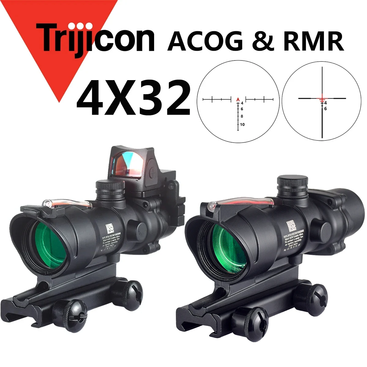 

Trijicon ACOG 4X32 With RMR Real Fiber Optics Red Green Dot Illuminated Chevron Glass Etched Reticle Rifle Scope Hunting Sight