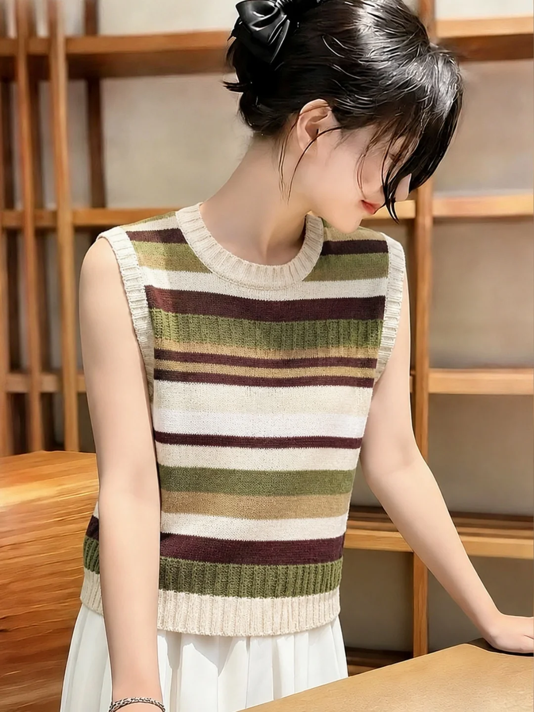 

Fashionable Retro Striped Ice Silk Knitted Vest Women's Summer Loose Fit Top Color Block Stripe Design Versatile Casual Shirt