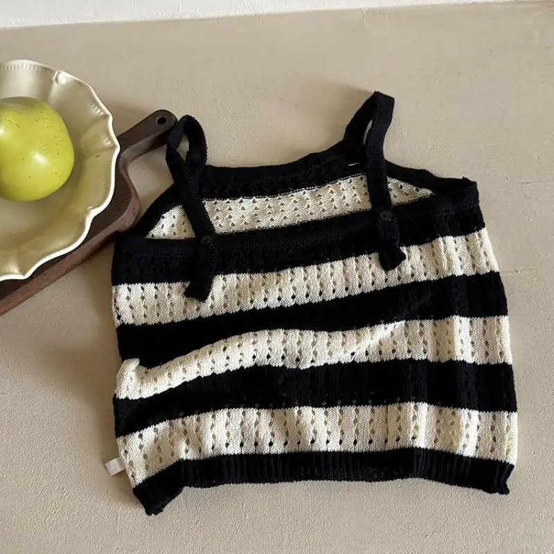 

2025 Autumn New Children Sleeveless Striped Knit Vest Fashion Girls Sling Tops Cotton Baby Casual Knitted Vest Kids Clothes