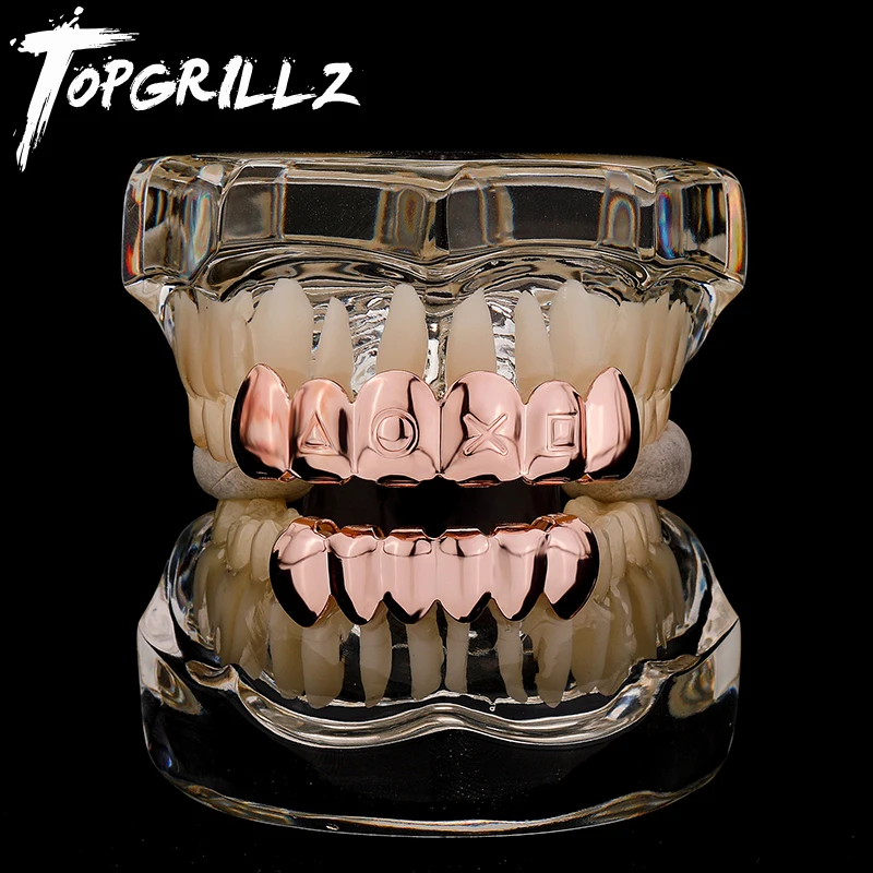 TOPGRILLZ Classic Fashion 6/6 Top & Bottom Teeth Grillz Symbol Design Tooth Caps Decor Braces Dental Grills For Halloween Party