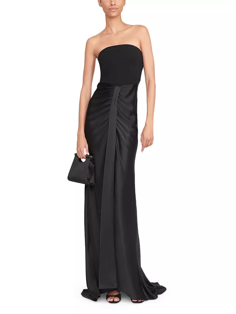 

Hot Selling Strapless Neckline Satih Straight Evening Dress Sexy Open Back Zipper Floor Length Sweep Train Gown For Women 2024