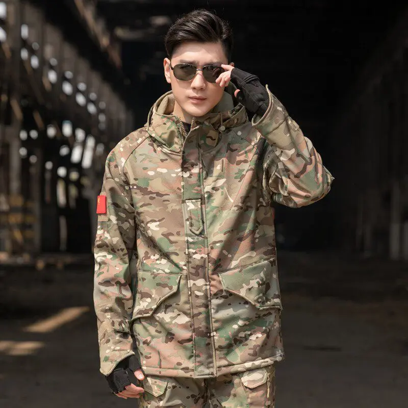 Soft Jacket Outdoor Waterproof Fleece-Lined Winter Warm Coat Black Python Pattern Dark Night Camouflage Top