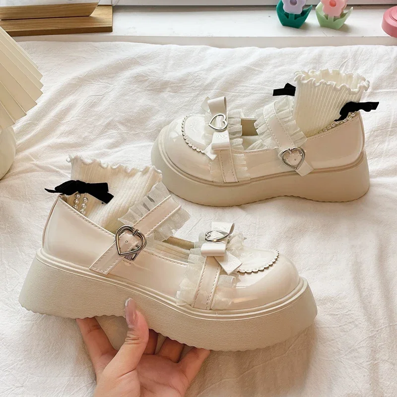 Sweet Lace Bowknot Lolita Shoes Women 2023 Heart Buckle Platform Mary Janes Woman Cute Thick Bottom Non-slip JK Shoes