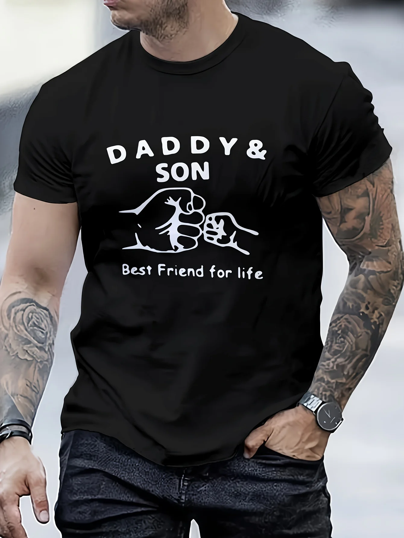 Men's 100% cotton casual sports loose size Daddy Son print round neck short sleeved T-shirt top
