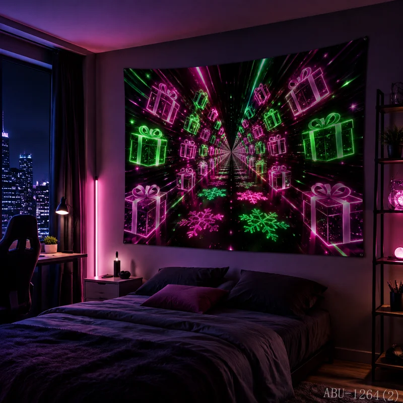 VIKAMA Neon Pink Green Gift Box Tunnel Perspective Snowflake Cyberpunk Christmas Tapestry Bedroom Living Room Dorm Home Decor