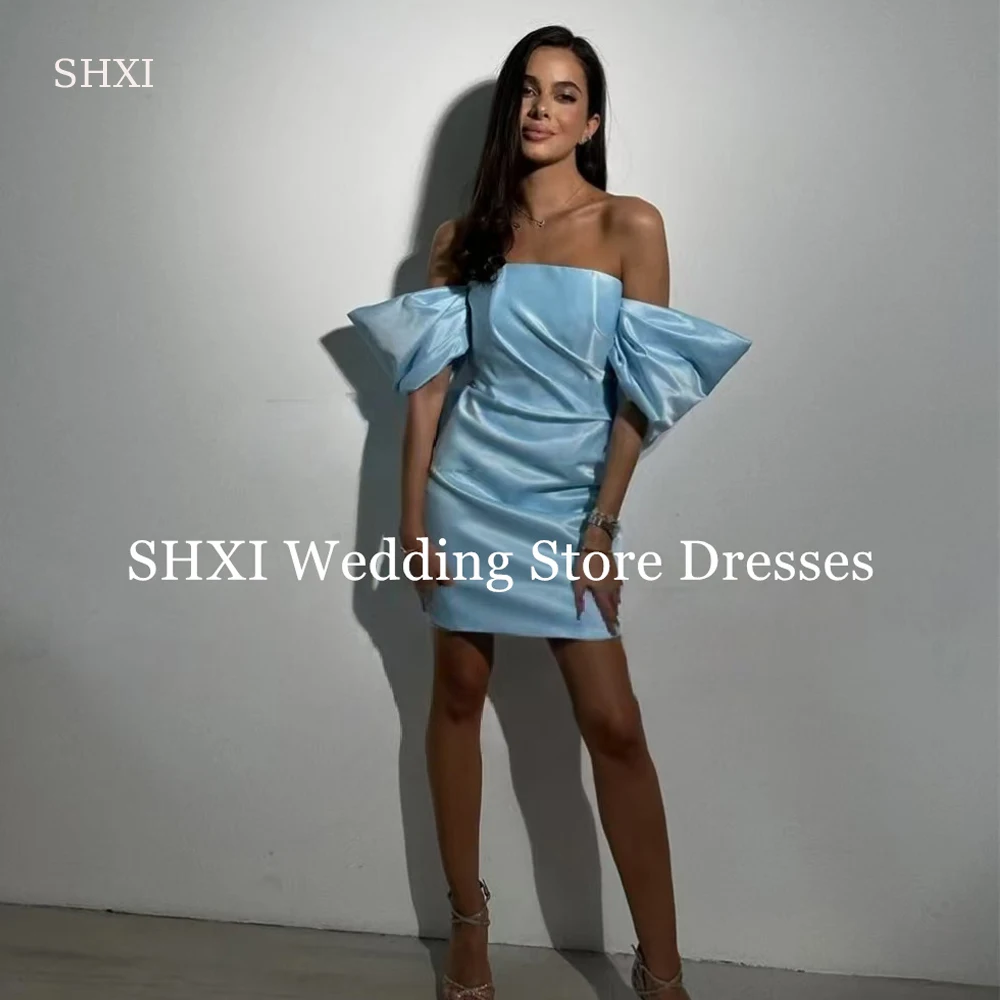 

SHXI Strapless Blue Short Formal Evening Dresses Off Shoulder Shiny Satin Saudi Arabic Women Cocktail Party Gown Customized