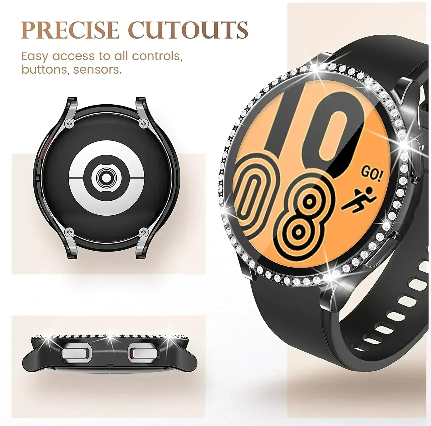 Funda protectora para Samsung Galaxy Watch 6, 5, 4, 40mm, 44mm, carcasa de PC de una sola fila con incrustaciones de diamantes, cubierta brillante, parachoques sin vidrio