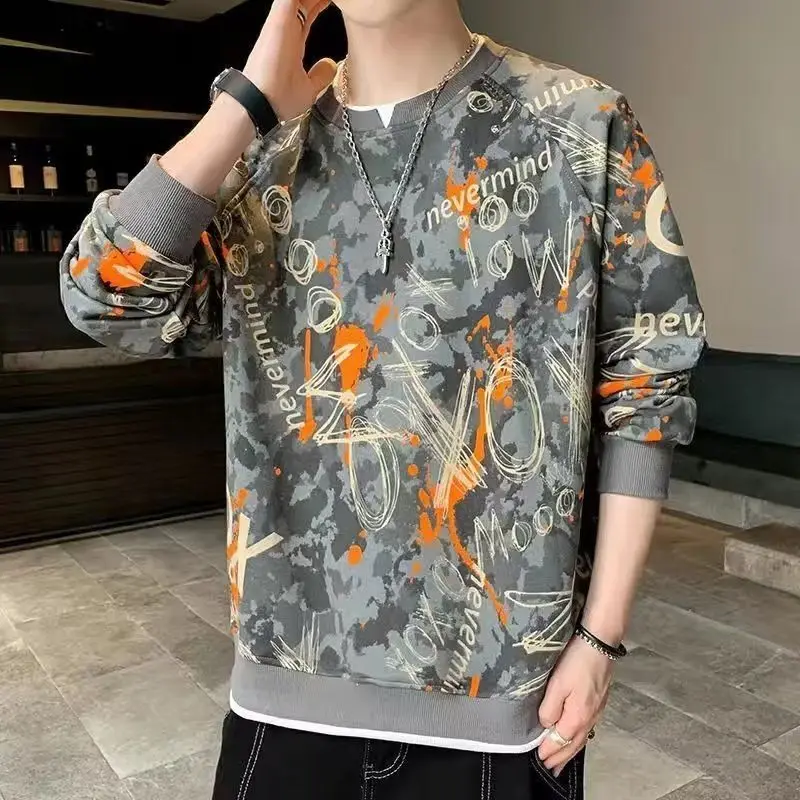 Fashion Printed Spliced Fake Two Pieces Sweatshirts Men\'s Clothing 2024 Spring New Loose All-match Tops Casual Sweatshirts