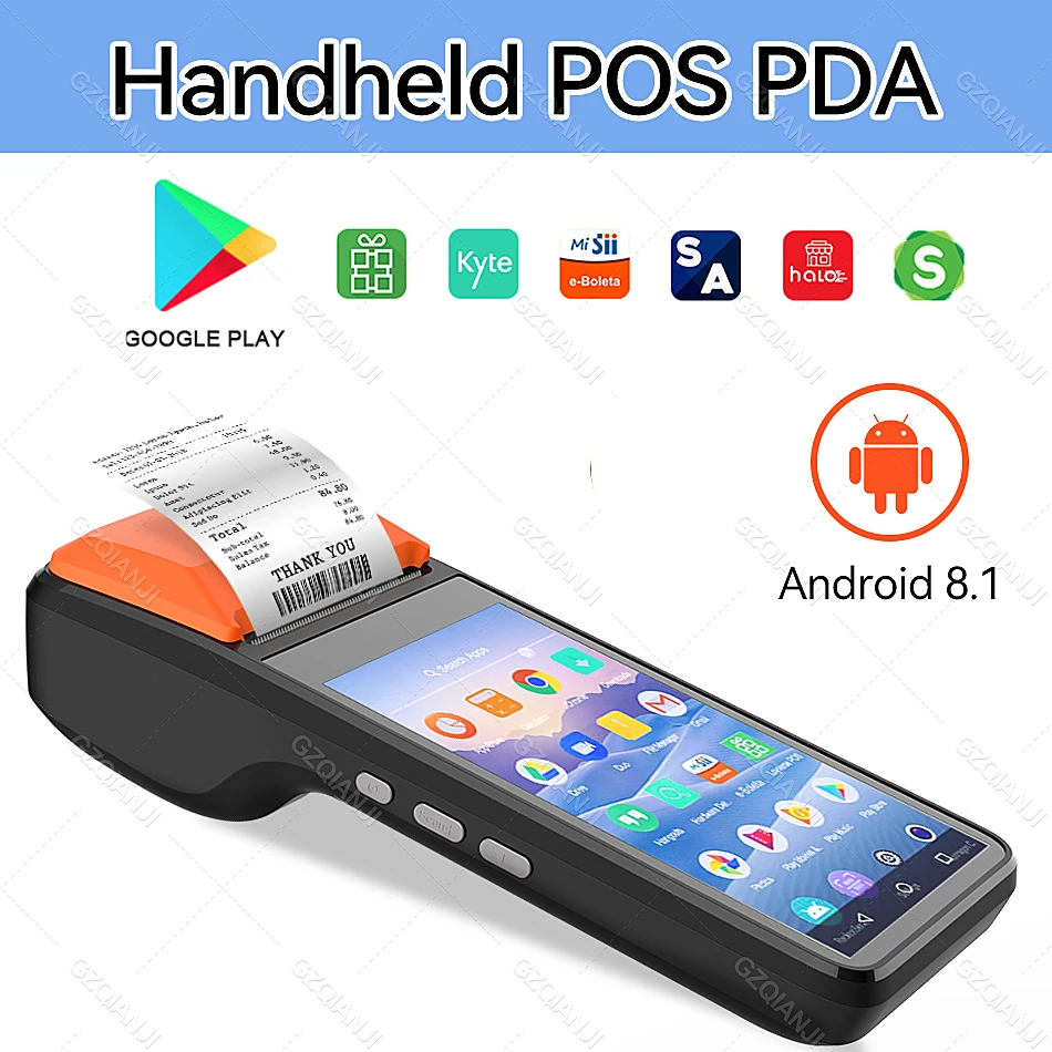 안드로이드 8.1 POS PDA 단말기, 58mm 영수증 열전사 프린터, 블루투스 및 와이파이 기능 탑재 판매 시점 관리 시스템 장치