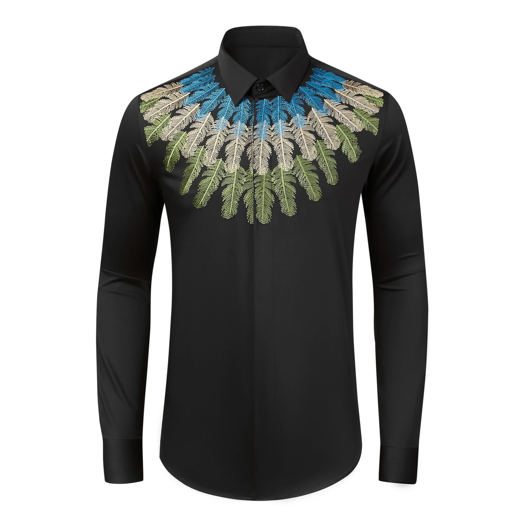 Autumn Winter Long Sleeved Feather Embroidered Men's Shirt Fashion Casual Social Stage Performance Shirt Streetwear Men Clothing