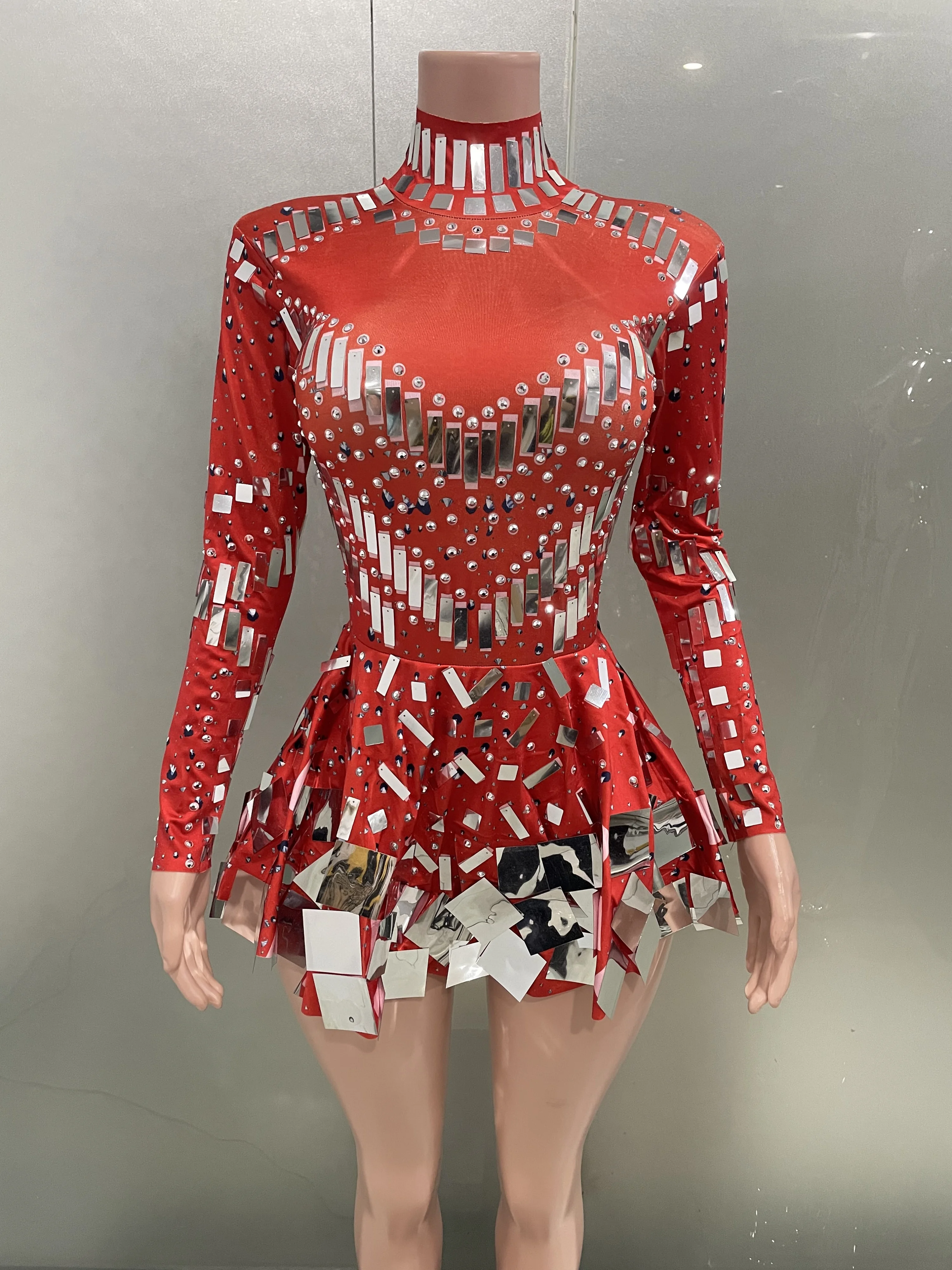 Sexy Sparkly Sequins Mirror Red Long Sleeve Mesh Mini Dress Women Night Party Club Dancer Performance Celebrity Stage Outfit