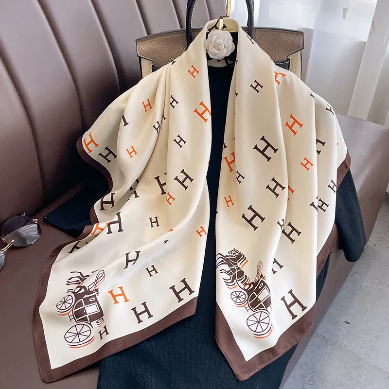 New H-letter imitation silk scarf 90cm luxurious carriage pattern twill silk square scarf elegant temperament women's shawl