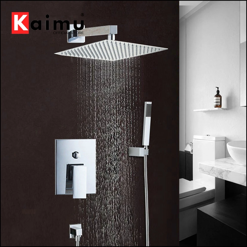 KAIMU Chrome Polish Bathroom Shower Set Square Rain Shower Head Wall Mounted Shower Set Mixer Control Valve Hand Shower Faucet