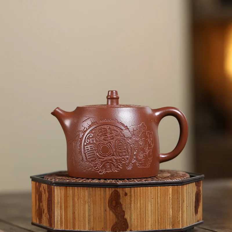 In Stock Wholesale Yixing Chinese Style Retro Handmade Carved Relief Pattern Household Tea Set Zisha Teapot
