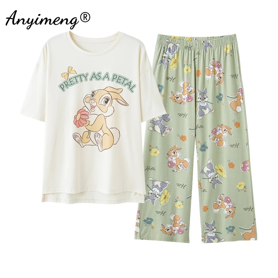 Summer Spring Autumn Short Sleeves Full Pants Nightwear Faux Cotton Girls Nightwear Cartoon Sleepwear Women Cute Animals Pajamas