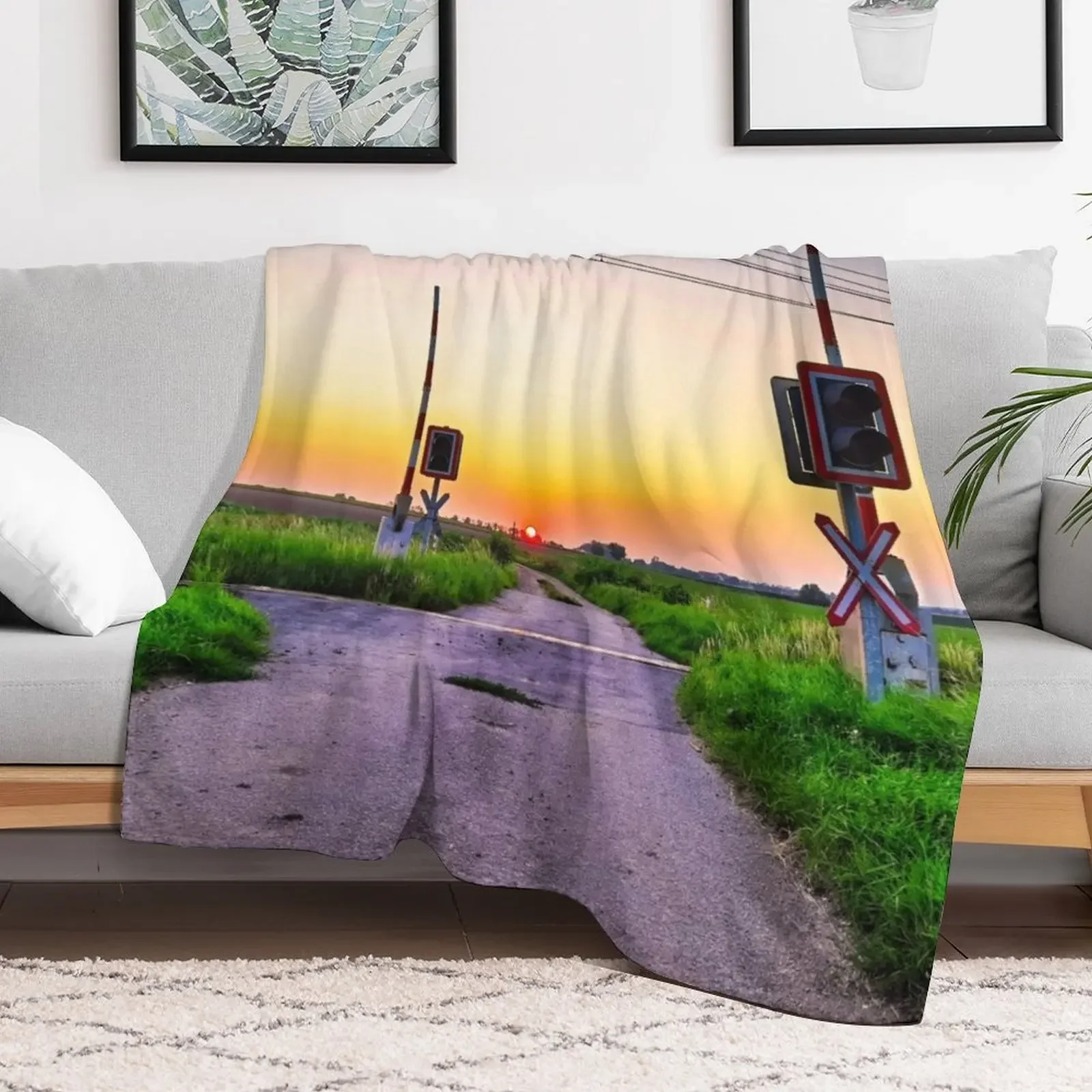 Railroad crossing - with sunset behind Throw Blanket Foldable Soft Warm Blanket for Outdoor Use