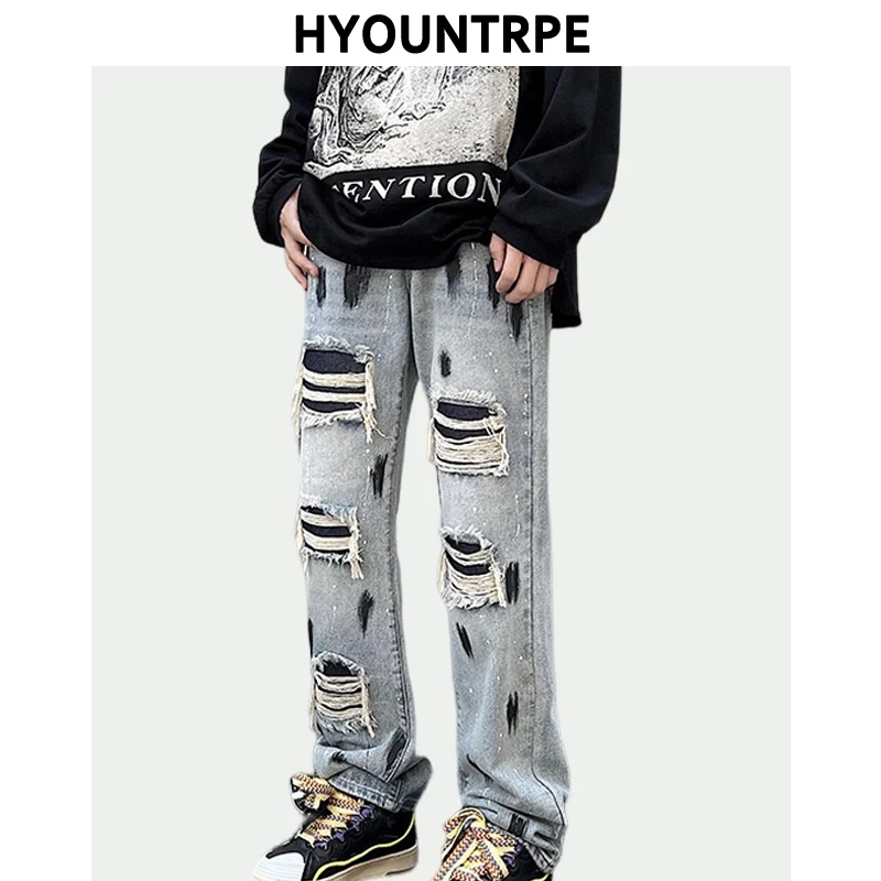 

Graffiti Printed Ripped Destroied Denim Jean Mens Distressed Biker Jeans Trousers New Fashion High-street Straight Pants Joggers