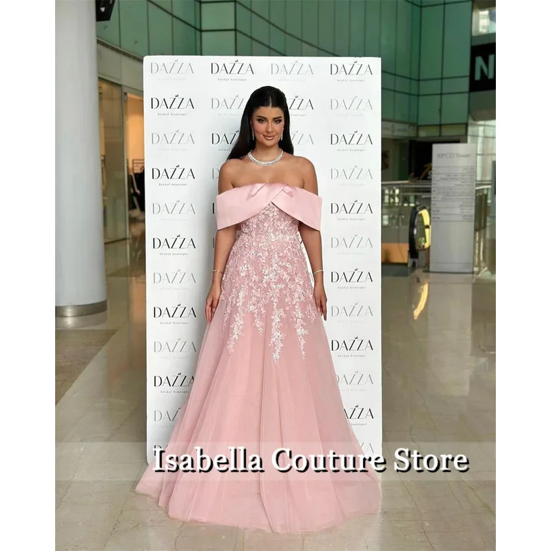 فستان إيزابيلا مخصص مكشوف الكتفين مزين على شكل حرف a للحفلات الراقصة بطول الأرض فساتين سهرة أنيقة باللون الوردي فيستدوس دي فيستا