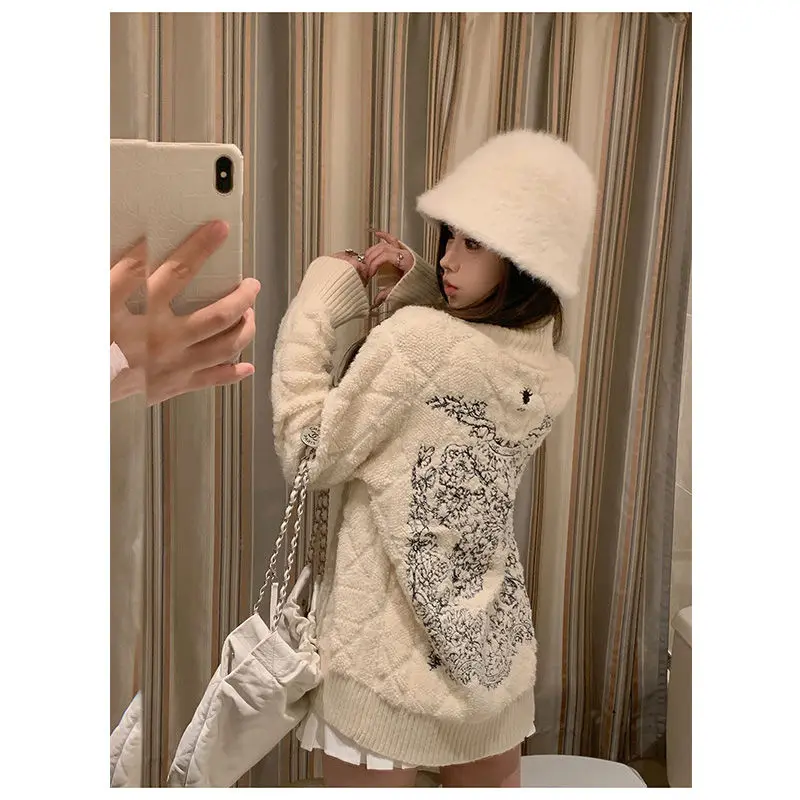 Subcultural Fashion Argyle Embroidery Sweater Coat Autumn Winter Cardigan Jackets For Women Vintage All-match Tops Mujer