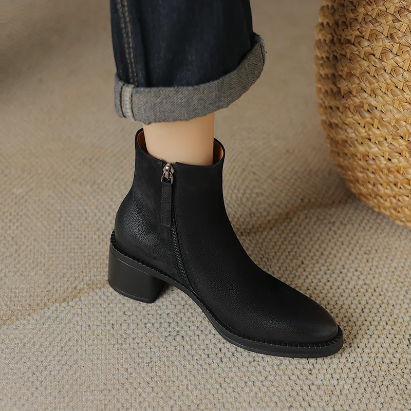 2023 New Autumn/Winter Women Boots Round Toe Chunky Heel Boot Western Boots Zapatos De Mujer Ankle Boots Genuine Leather Boots