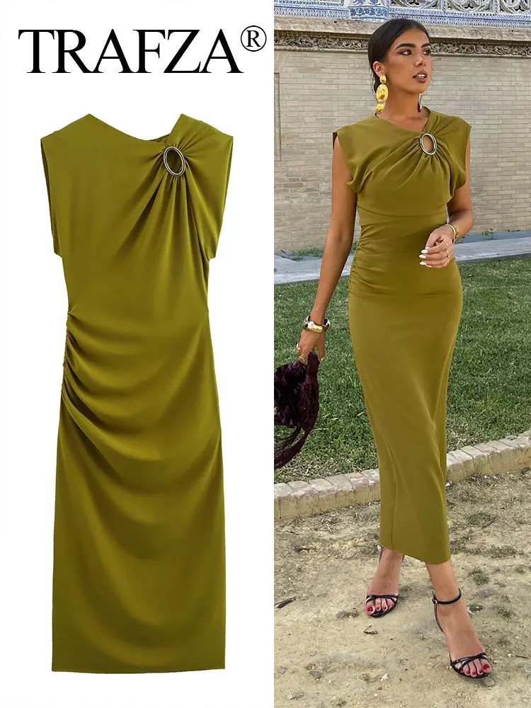 

TRAF 2024 New Women Dress Sleeveless Solid Metal Ring Hollow Out Slim Long Dresses Female Chic Elegant Woman Pleated Dress